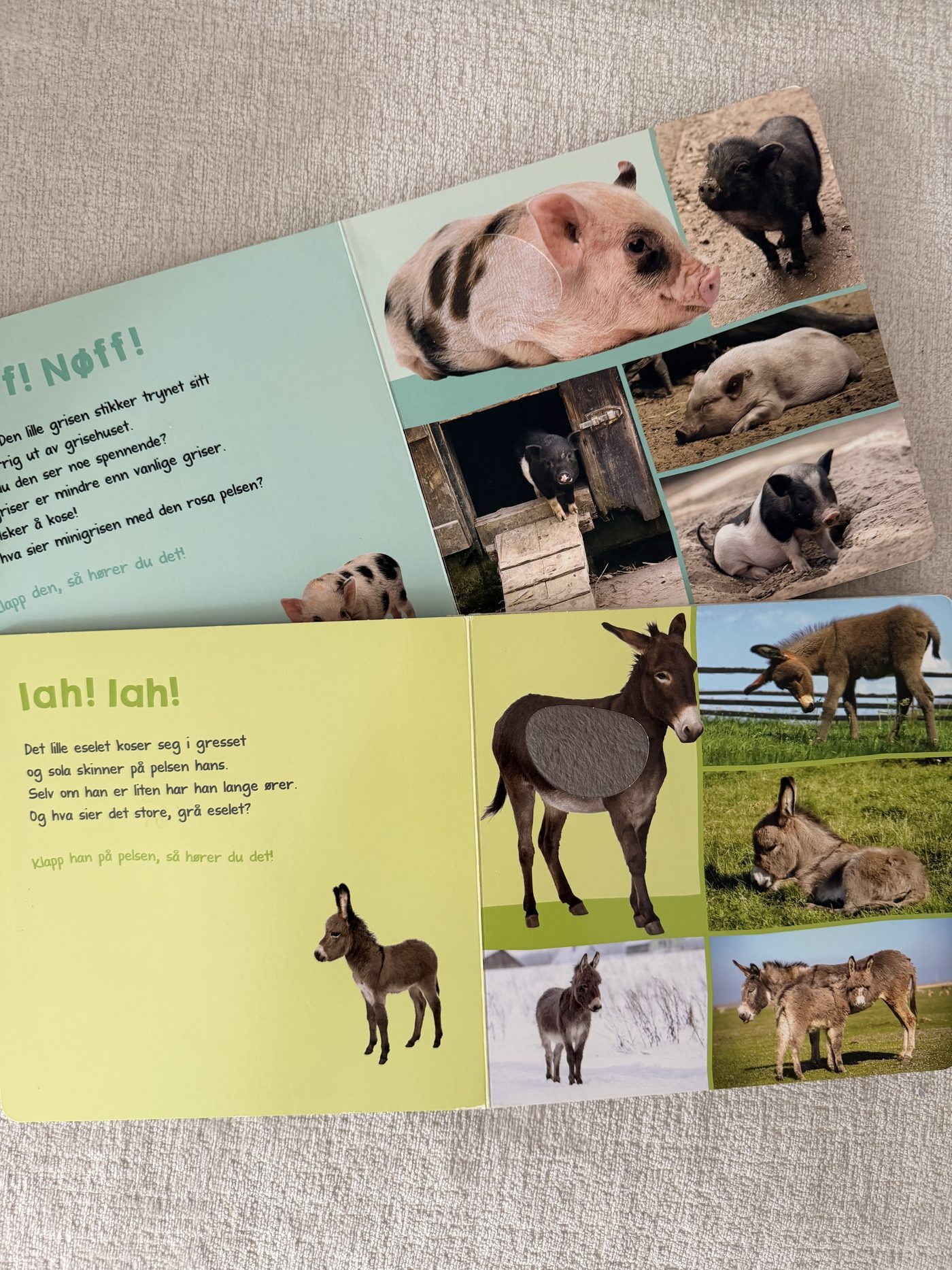 Oppslag fra Gårdsdyr: en gris med Nøff Nøff og et esel med Iah Iah, begge med et felt med myk pels å klappe på